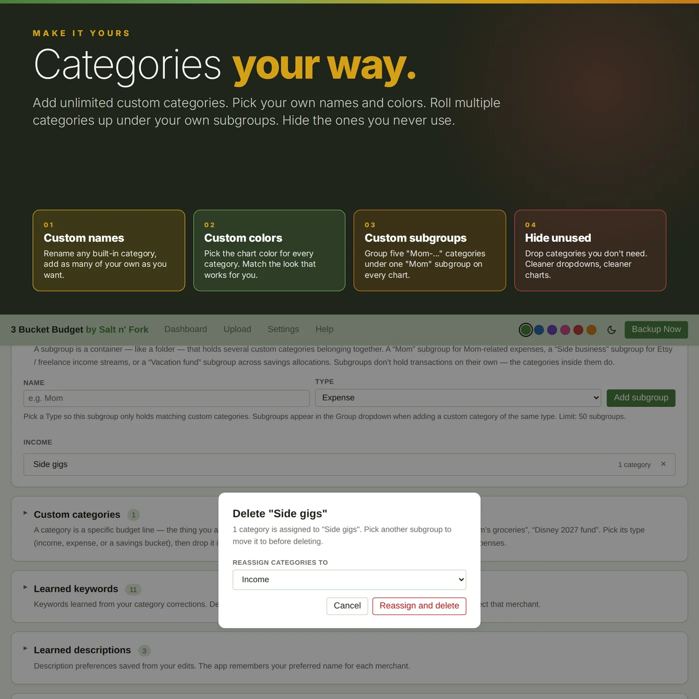 Custom categories and user-defined subgroups in the 3 Bucket Budget Offline Edition
