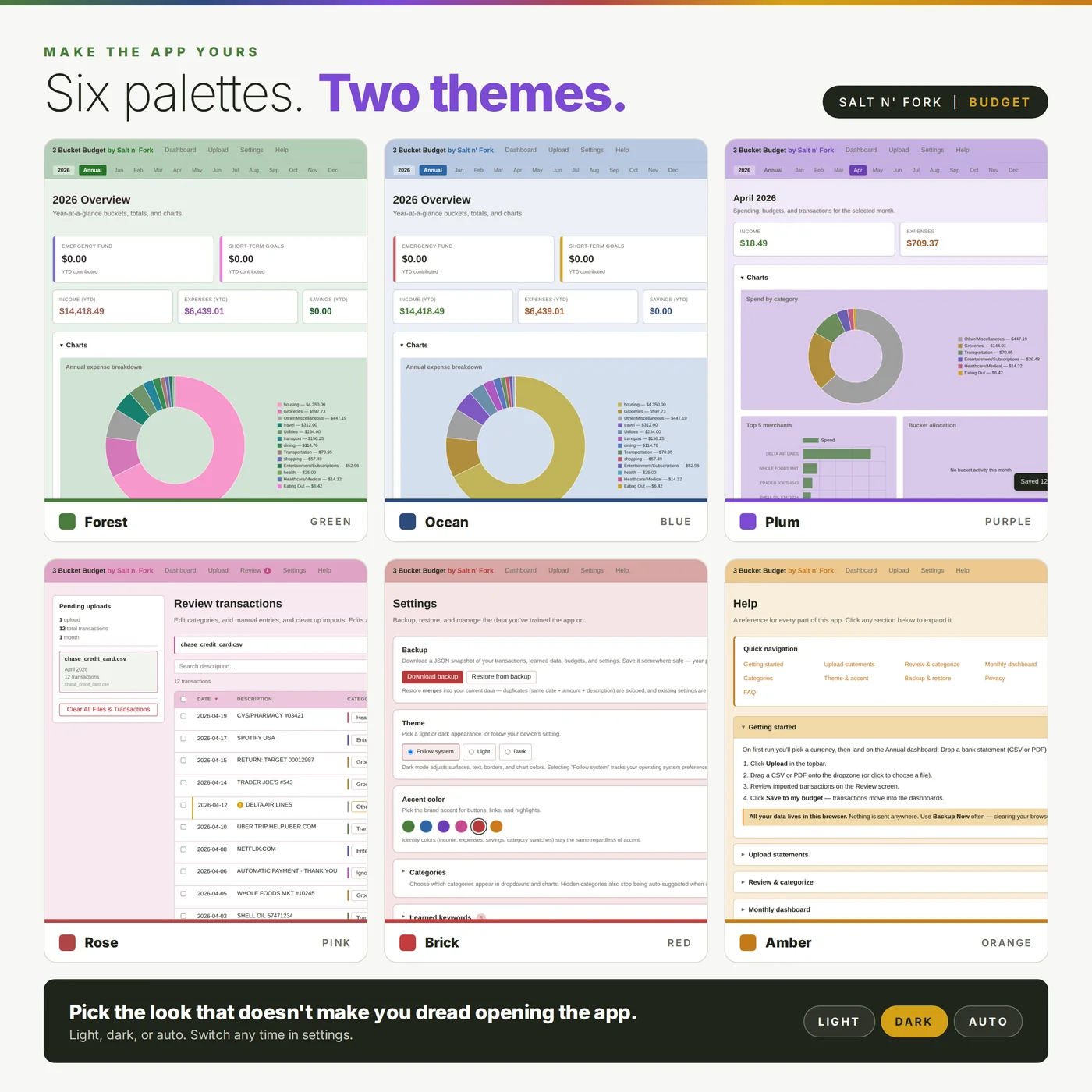 Six color palette options and light/dark theme variations