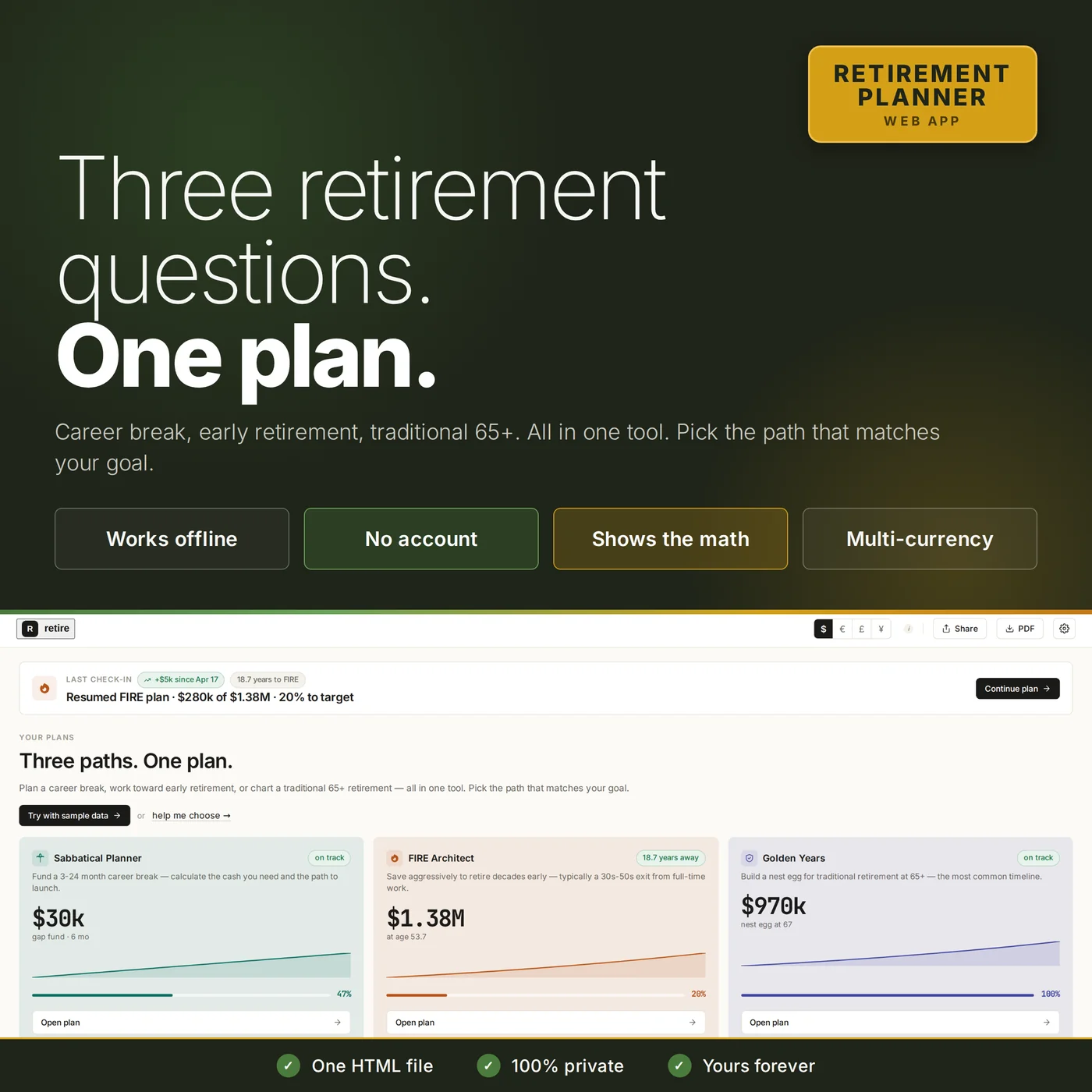 FIRE Calculator and Retirement Planner: three planners in one HTML web app