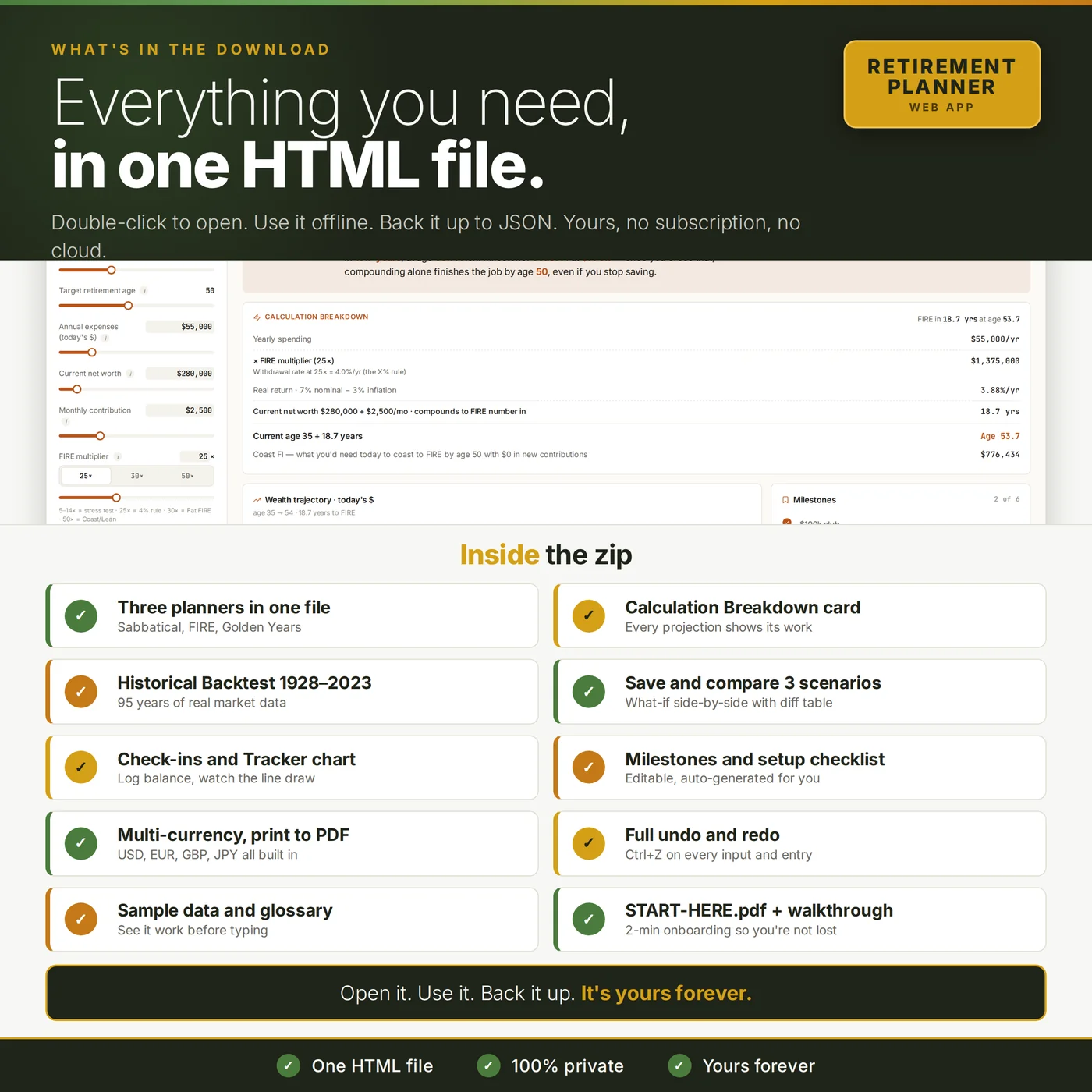 What's included in the download: index.html app, START-HERE.pdf, walkthrough video