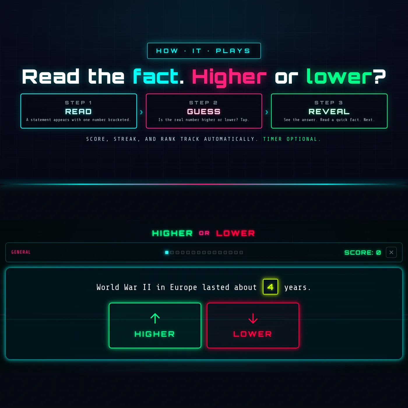 Gameplay screen mid-round with the higher or lower choice and timer
