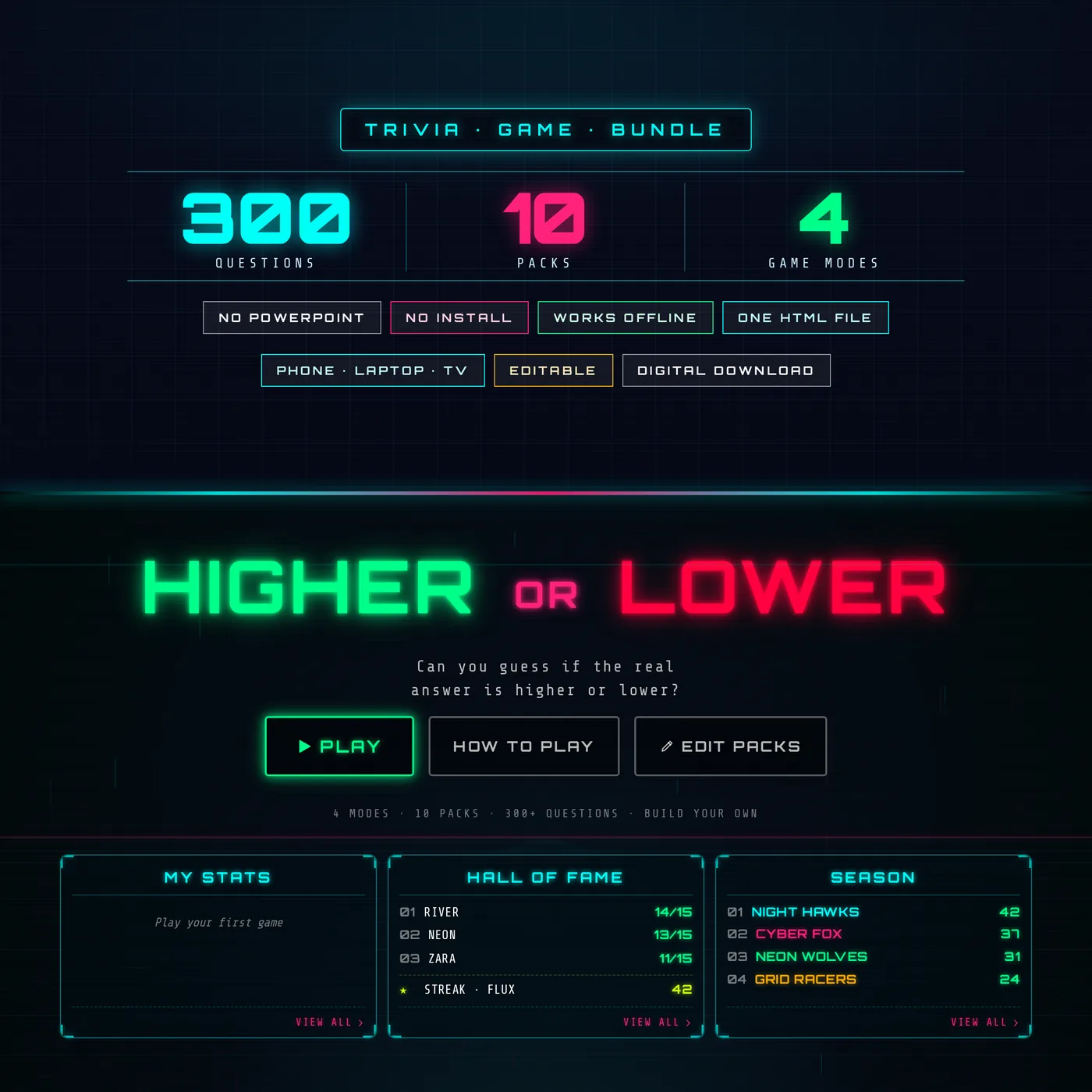 Higher or Lower trivia game welcome screen with neon arcade styling