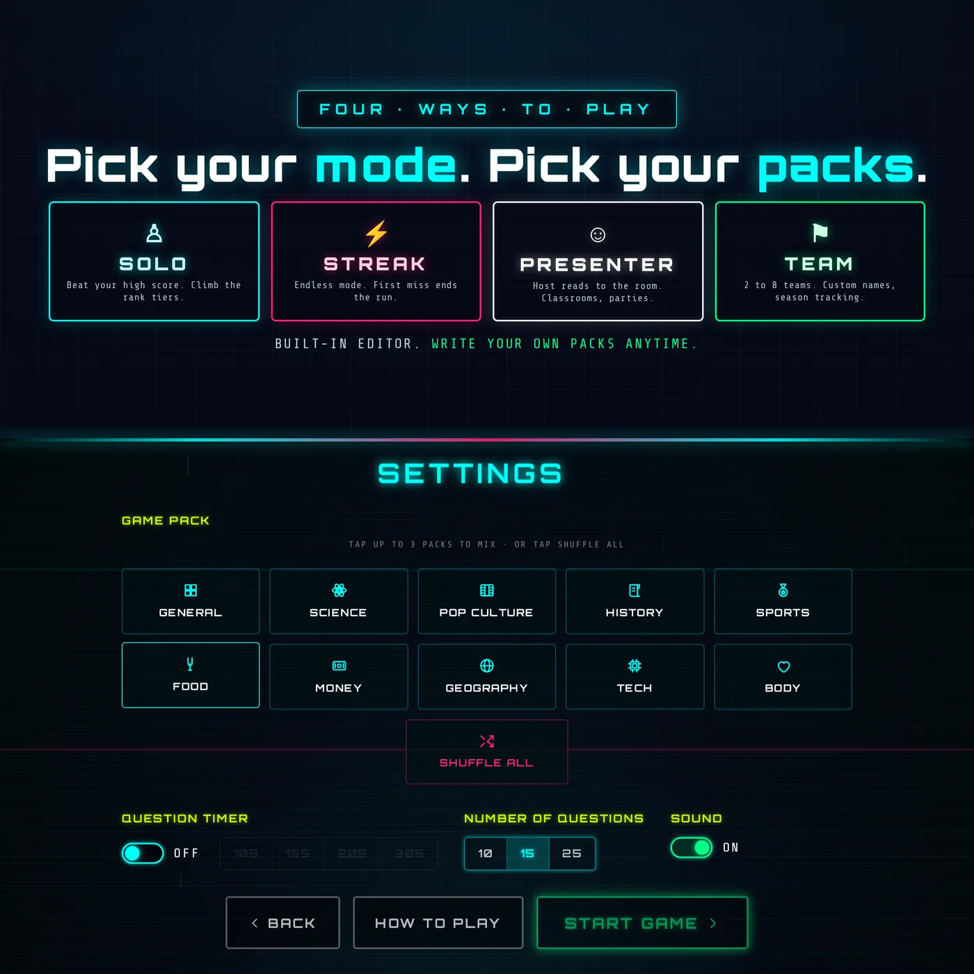 Four ways to play and the pack selection grid